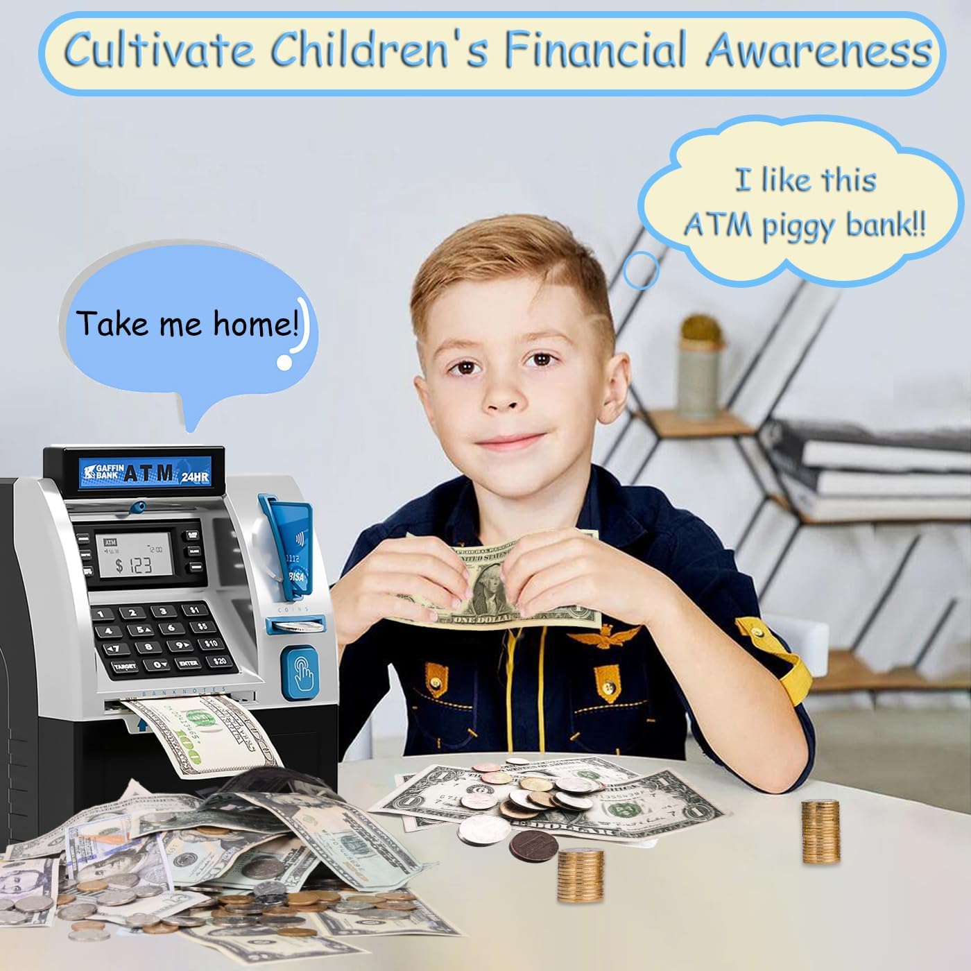 Kids ATM Piggy Bank with Debit Card & PIN - Electronic Money Bank with Digital Coin Counter & Bill Feeder, Educational Savings Toy for Boys & Girls Ages 3-12