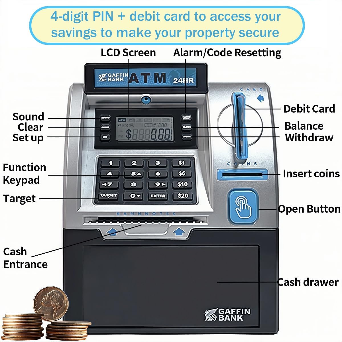 Kids ATM Piggy Bank with Debit Card & PIN - Electronic Money Bank with Digital Coin Counter & Bill Feeder, Educational Savings Toy for Boys & Girls Ages 3-12
