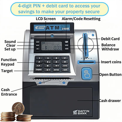 Kids ATM Piggy Bank with Debit Card & PIN - Electronic Money Bank with Digital Coin Counter & Bill Feeder, Educational Savings Toy for Boys & Girls Ages 3-12