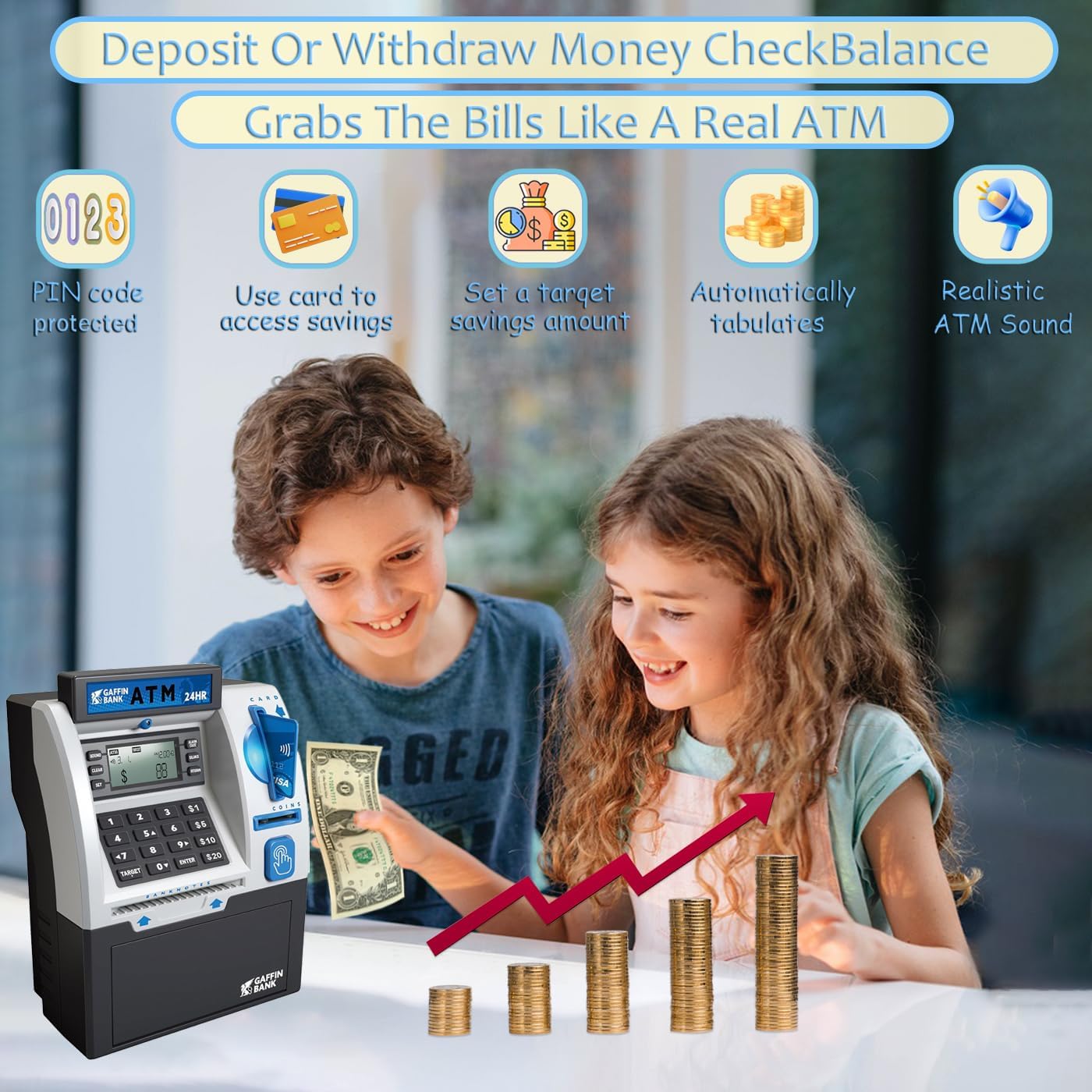 Kids ATM Piggy Bank with Debit Card & PIN - Electronic Money Bank with Digital Coin Counter & Bill Feeder, Educational Savings Toy for Boys & Girls Ages 3-12