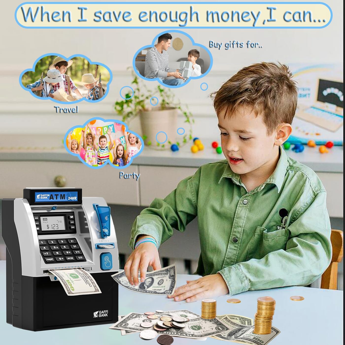 Kids ATM Piggy Bank with Debit Card & PIN - Electronic Money Bank with Digital Coin Counter & Bill Feeder, Educational Savings Toy for Boys & Girls Ages 3-12