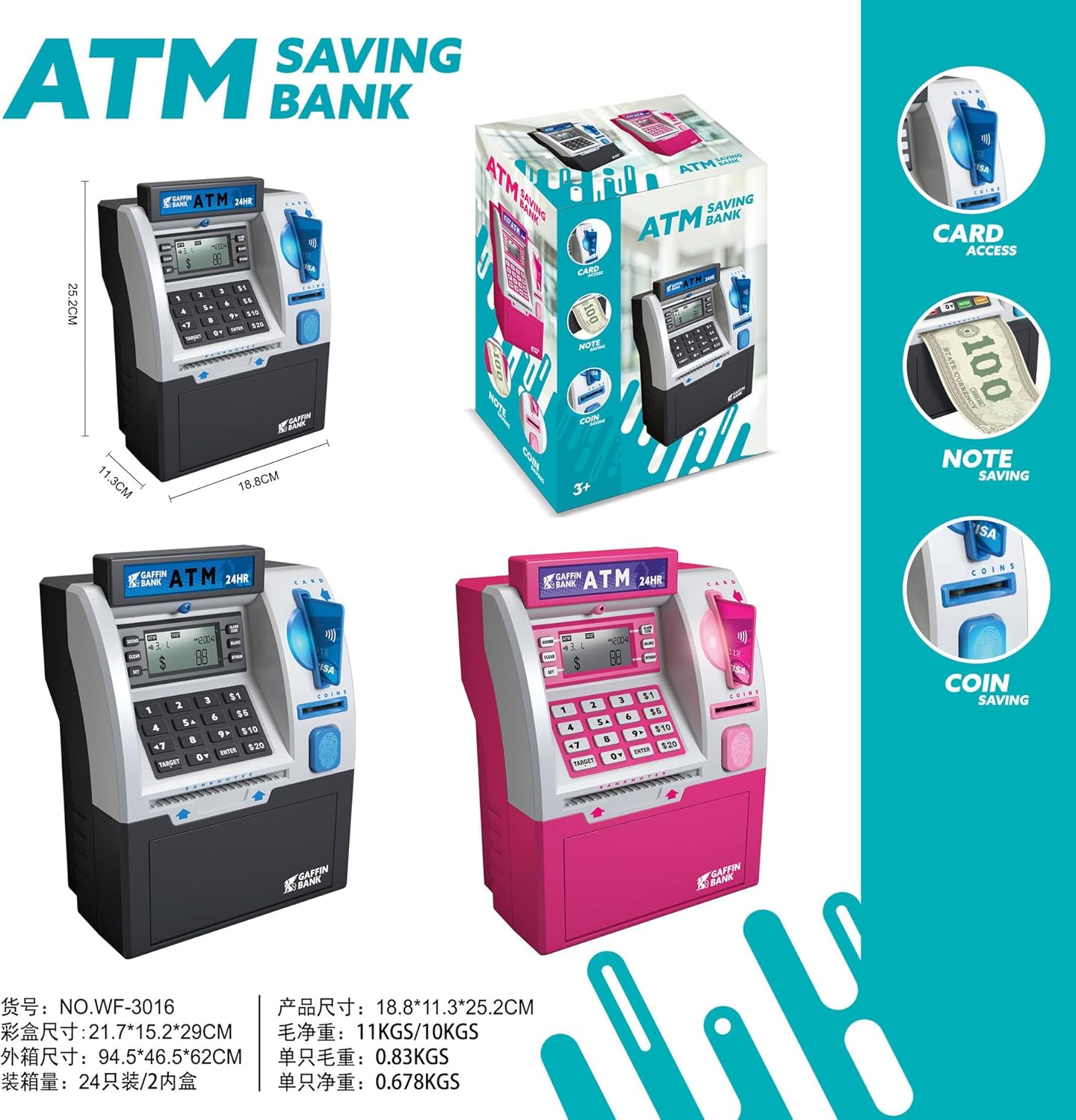 Kids ATM Piggy Bank with Debit Card & PIN - Electronic Money Bank with Digital Coin Counter & Bill Feeder, Educational Savings Toy for Boys & Girls Ages 3-12